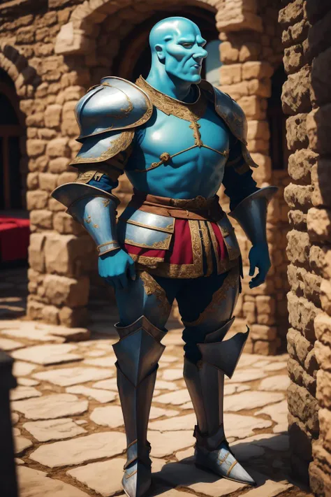 (masterpiece, best quality), intricate details,
1boy, <lora:handsome-squidward:1> Handsome-squidward, (blue skin:1.3), bald,, pink lips, blue, muscular, pecs,
<lora:MedievalArmor_v02:0.8> medieval armor,