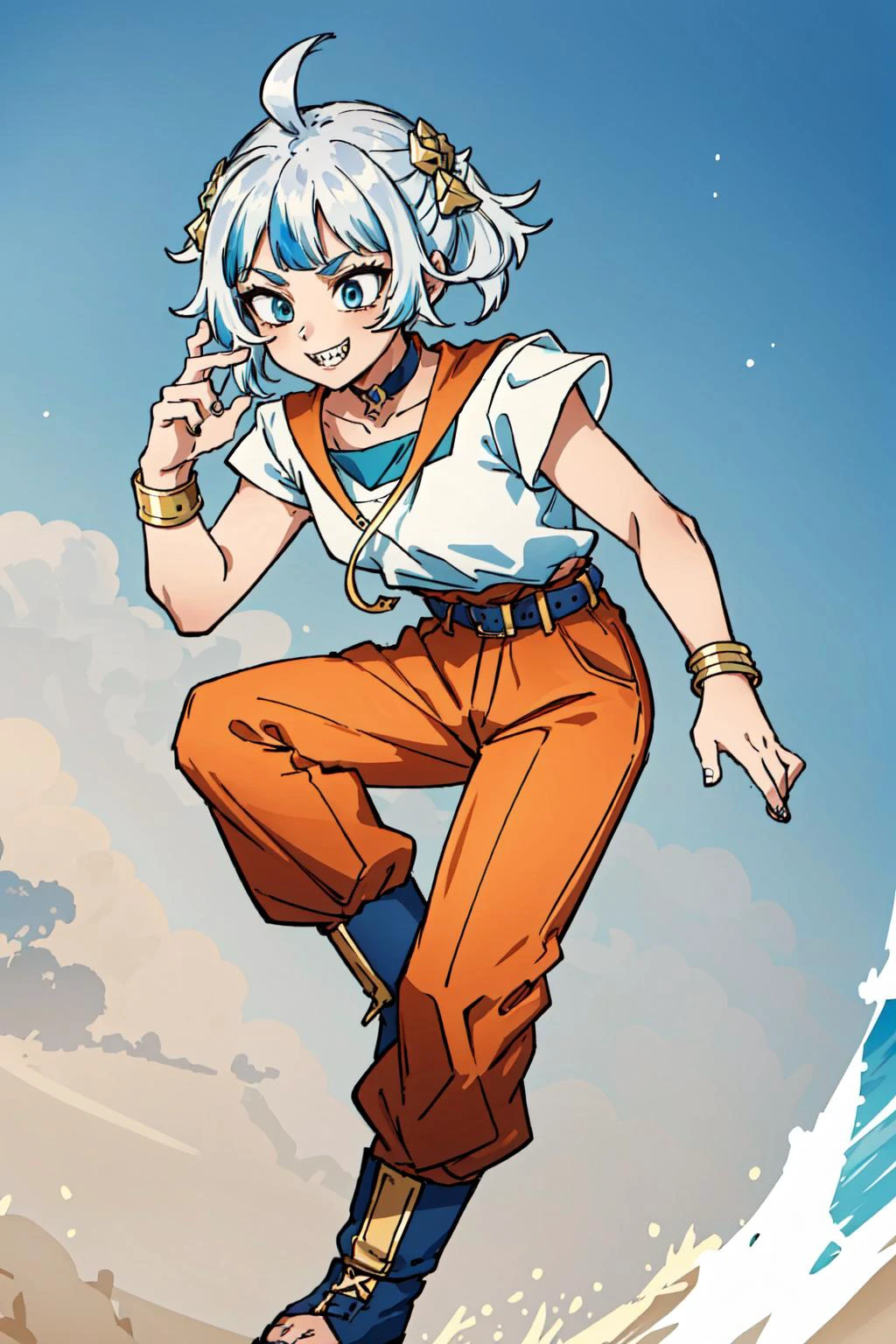 (masterpiece, best quality), intricate details,
1girl, <lora:imnekoloraa:0.8> Gura, multicolored hair, blue eyes, shark hair ornament, gold hair ornament, gold choker, gold bracelet, sharp teeth, grin,
<lora:SonGokusOutfit:0.8> TurtleSchoolUniform, dougi, belt, orange pants, blue footwear,