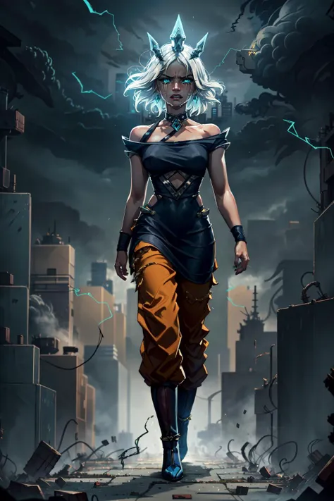 (masterpiece, best quality),  intricate details,
1girl,     <lora:Ruined_Karma:0.8> ruined karma,  black dress top, crown, tears, crying, angry, 
 <lora:SonGokusOutfit:0.8> orange pants, blue footwear, walking towards viewer, destroyed city background, 
 <lora:SuperSaiyanHair:0.3>  spiked hair, aura, electricity,