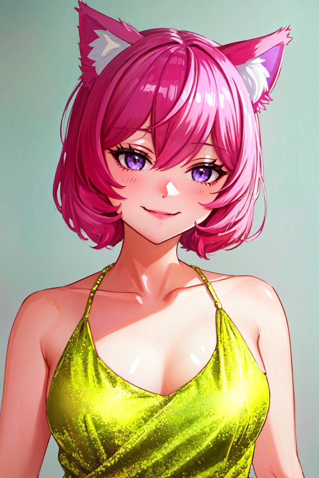 (masterpiece, best quality), intricate details,
1girl, <lora:nyatasha_nyanners:0.8> nyatasha nyanners, virtual youtuber, animal ears, cat ears, pink hair, smile, purple eyes, looking at viewer, cat girl, bangs, solo, animal ear fluff, hair between eyes, bow, fang, short hair, skin fang, cat tail, eyelashes,
<lora:evening_gown:0.8> evening gown,