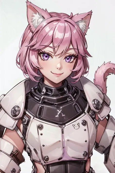 (masterpiece, best quality), intricate details,
1girl, <lora:nyatasha_nyanners:0.8> nyatasha nyanners, virtual youtuber, animal ears, cat ears, pink hair, smile, purple eyes, looking at viewer, cat girl, bangs, solo, animal ear fluff, hair between eyes, bow, fang, short hair, skin fang, cat tail, eyelashes,
<lora:x01powerarmor:0.8> x01powerarmor, no helmet,