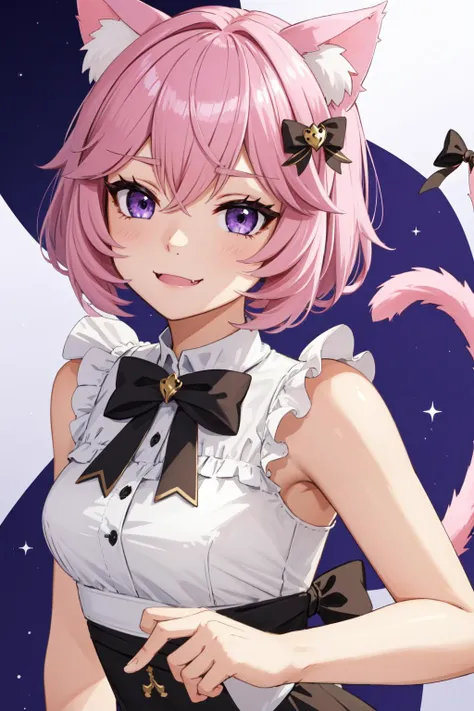 (masterpiece, best quality),  intricate details,
1girl,   <lora:nyatasha_nyanners:0.8> nyatasha nyanners, virtual youtuber, animal ears, cat ears,  pink hair, smile, purple eyes, looking at viewer, cat girl,  bangs, solo, animal ear fluff, hair between eyes, bow,  fang, short hair,    skin fang,  cat tail, eyelashes, 
 <lora:evolved_virgin_killer_sweaterV_Conv2D:0.8> evks,