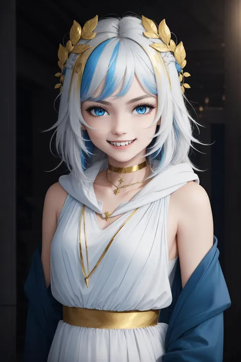 (masterpiece, best quality), intricate details,
1girl, <lora:imnekoloraa:0.8> Gura, multicolored hair, blue eyes, shark hair ornament, gold hair ornament, gold choker, gold bracelet, sharp teeth, grin, blue hoodie,
<lora:GreekClothes:0.8> greek clothes, peplos,