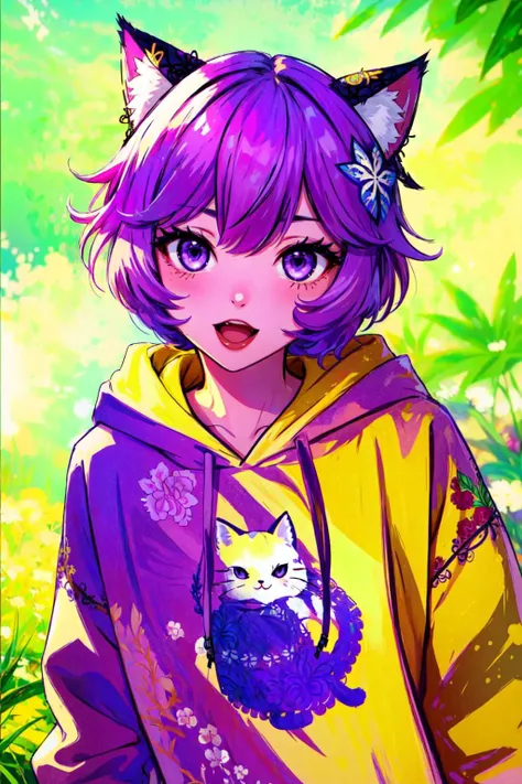 (masterpiece, best quality),  intricate details,
1girl,   <lora:nyatasha_nyanners:0.8> nyatasha nyanners, virtual youtuber, animal ears, cat ears,  pink hair, smile, purple eyes, looking at viewer, cat girl,  bangs, solo, animal ear fluff, hair between eyes, bow, open mouth,  blush,  fang, short hair, snowflakes,    skin fang,  cat tail, eyelashes, 
 <lora:DudouHoodies:1> (dudou,dudou_embroidery:1.3), ([hoodie|dudou]::0.5), (hoodie:1.2),