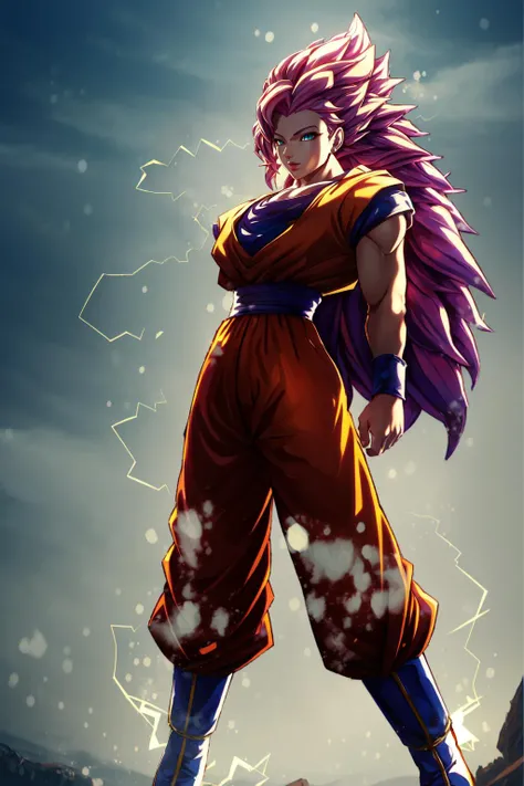 (masterpiece, best quality), intricate details,
1girl, <lora:Seraphine:0.8> xyzseraphine, pink hair,
<lora:SonGokusOutfit:0.8> TurtleSchoolUniform, dougi, belt, orange pants, blue footwear, <lora:SuperSaiyanHair:0.8> SuperSaiyan, super saiyan, spiked hair, aura, electricity, long hair,