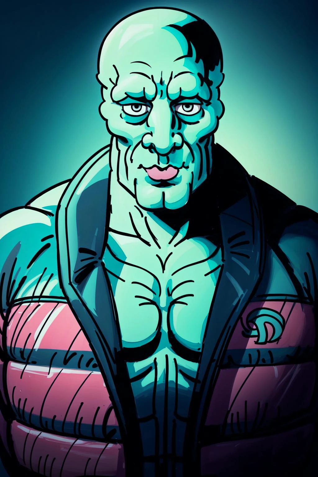 (masterpiece, best quality), intricate details,
1boy, <lora:handsome-squidward:1> Handsome-squidward, (blue skin:1.3), bald,, pink lips, blue, muscular, pecs,
<lora:concept_dripmeme:0.8> dripjacket, own hands together,