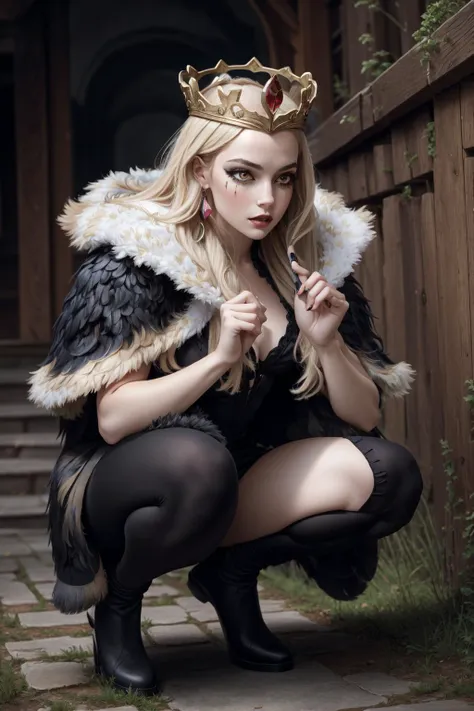 (masterpiece, best quality),  intricate details,
1girl,  <lora:coven&ig_leblancV3:0.8>coven leblanc, long blond hair, crown, running mascara, fur cloak, black dress,
 <lora:eager_pet_pose_v1:0.8> eager pet pose, squatting,