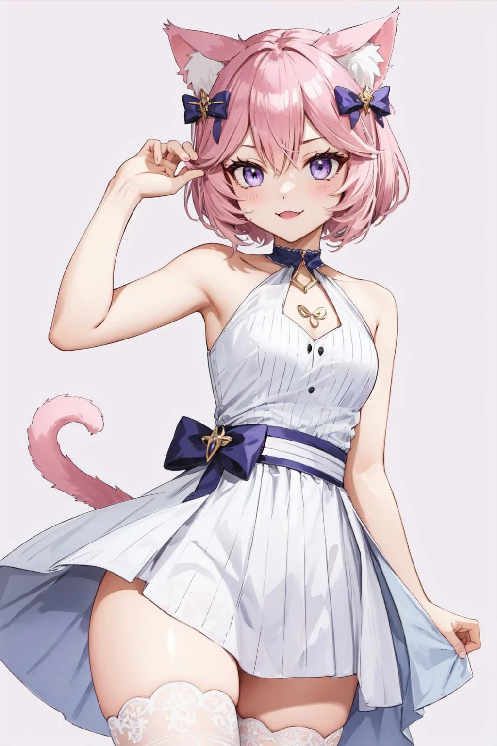 (masterpiece, best quality), intricate details,
1girl, <lora:nyatasha_nyanners:0.8> nyatasha nyanners, virtual youtuber, animal ears, cat ears, pink hair, smile, purple eyes, looking at viewer, cat girl, bangs, solo, animal ear fluff, hair between eyes, bow, fang, short hair, skin fang, cat tail, eyelashes,
<lora:GreekClothes:0.8> greek clothes, peplos, thighhighs,
