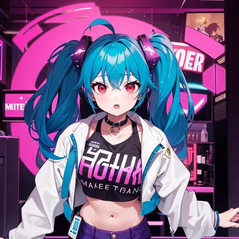 1girl, blue hair, twin tails, red eyes, white crop jacket, crop top, midriff, purple pants, cyberpunk aesthetic, dance club, night club,