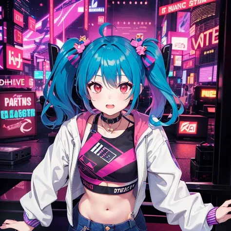 1girl, blue hair, twin tails, red eyes, white crop jacket, crop top, midriff, purple pants, cyberpunk aesthetic, dance club, night club,