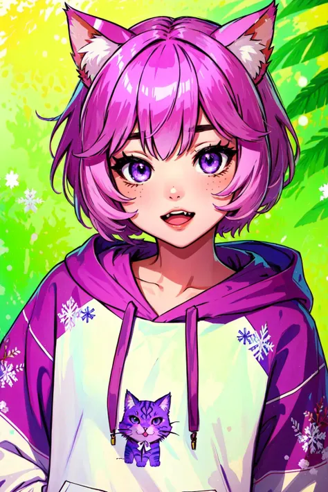 (masterpiece, best quality),  intricate details,
1girl,   <lora:nyatasha_nyanners:0.8> nyatasha nyanners, virtual youtuber, animal ears, cat ears,  pink hair, smile, purple eyes, looking at viewer, cat girl,  bangs, solo, animal ear fluff, hair between eyes, bow, open mouth,  blush,  fang, short hair, snowflakes,    skin fang,  cat tail, eyelashes, 
 <lora:DudouHoodies:0.8> (dudou,dudou_embroidery:1.3), ([hoodie|dudou]::0.5), (hoodie:1.2),