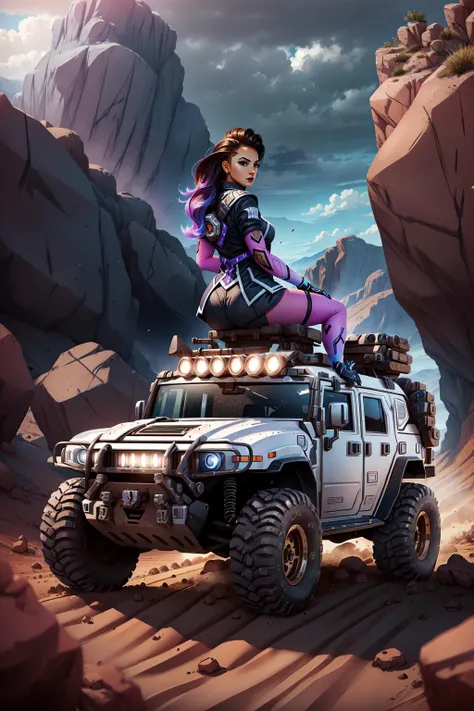 (masterpiece, best quality),  intricate details,
 <lora:Hummer_H3_v01:0.8> hh3,  off road tires,  dirt road, large rocks,
1girl,  <lora:sombraLast:0.8> sombra, lipstick,