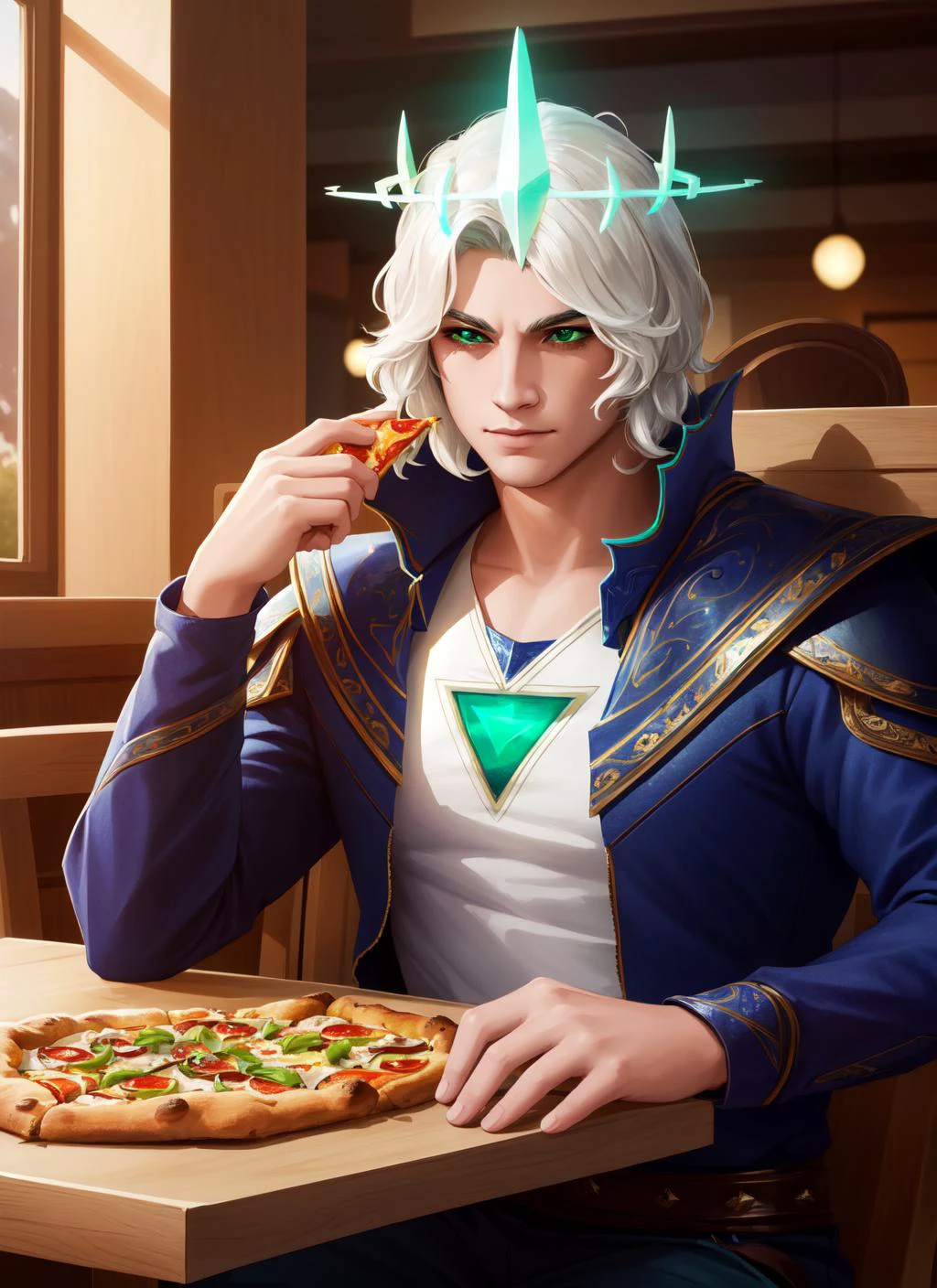 (masterpiece, best quality), intricate details,
<lora:Viego_v1:0.8> King Viego, pale skin, king, green crown, wraith, white hair,
fast food resturant, sitting at table, eating pizza,