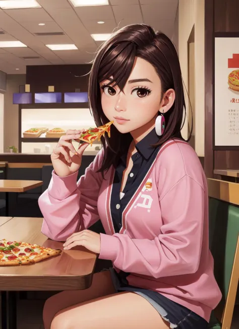 (masterpiece, best quality),  intricate details, 
1girl,        <lora:momo_ayase:0.8> momo_ayase, 
fast food resturant, sitting at table, eating pizza,