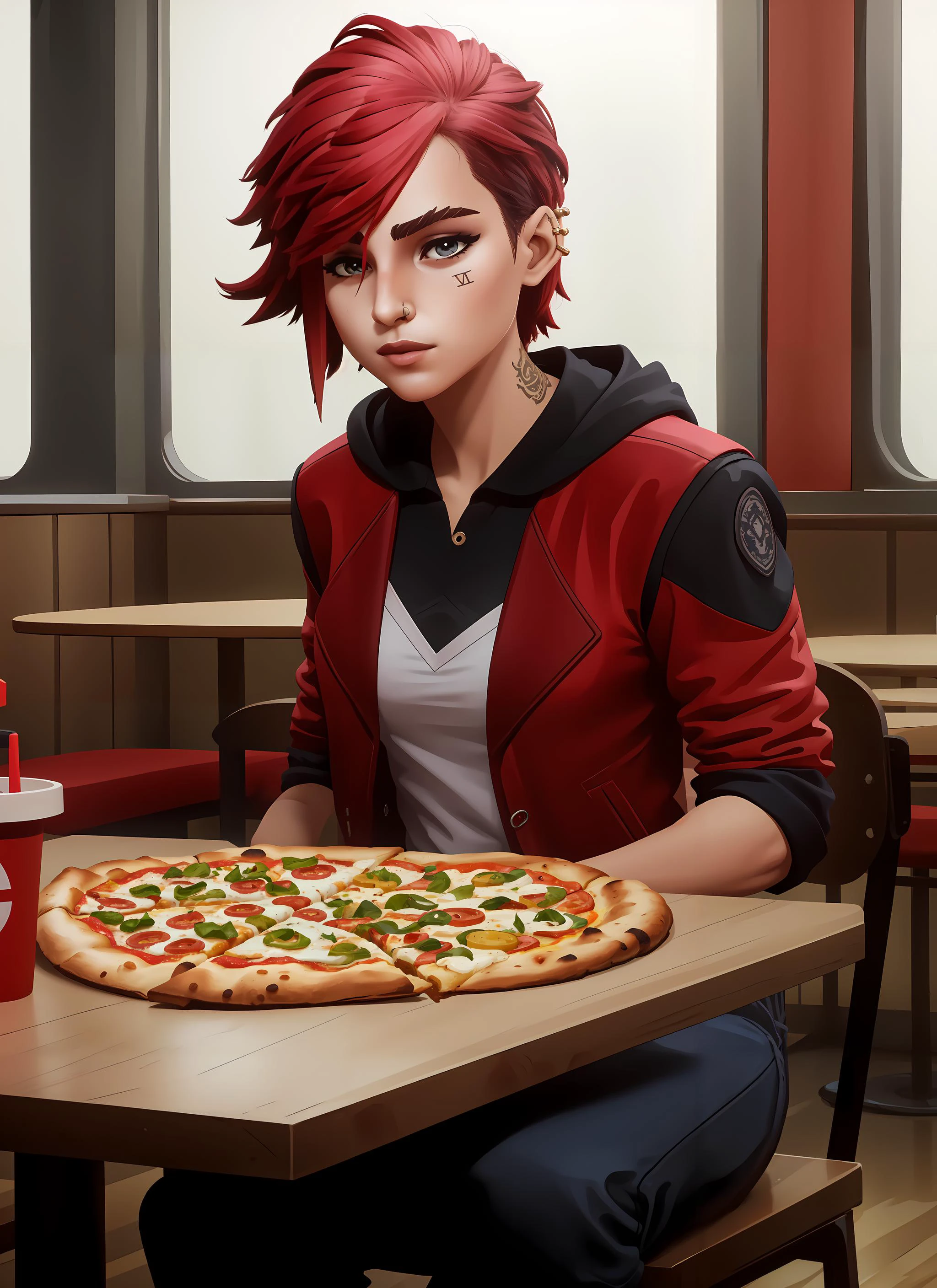 (masterpiece, best quality), intricate details,
1girl,
fast food resturant, sitting at table, eating pizza,
<lora:Arcane-vi-v1.0:0.8> v1l0l, 1girl, red jacket, sleeveless hoodie, nose piercing,