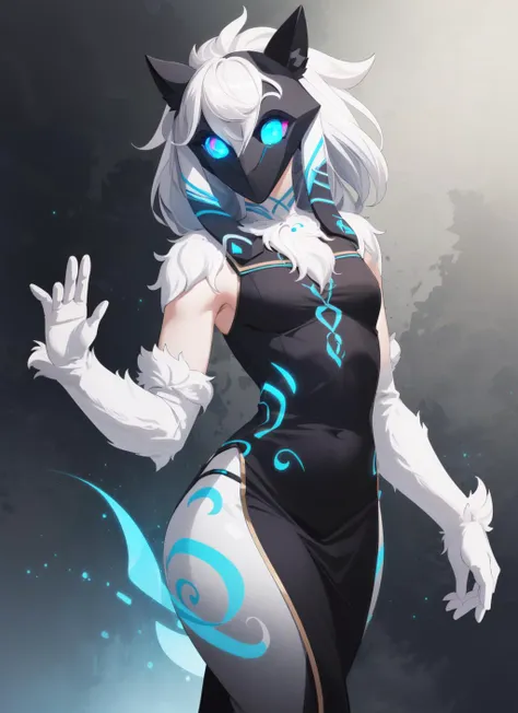 (masterpiece, best quality),  intricate details, 
1girl,     <lora:Kindred:0.8> kindred, lamb, furry female, body fur, (white fur, white skin:1.3), chest tuft, digitigrade, white hair, long hair, black mask, (blue eyes, glowing eyes:1.4), hooves, small breasts
 <lora:china_heart:0.8> china dress with heart cutout,