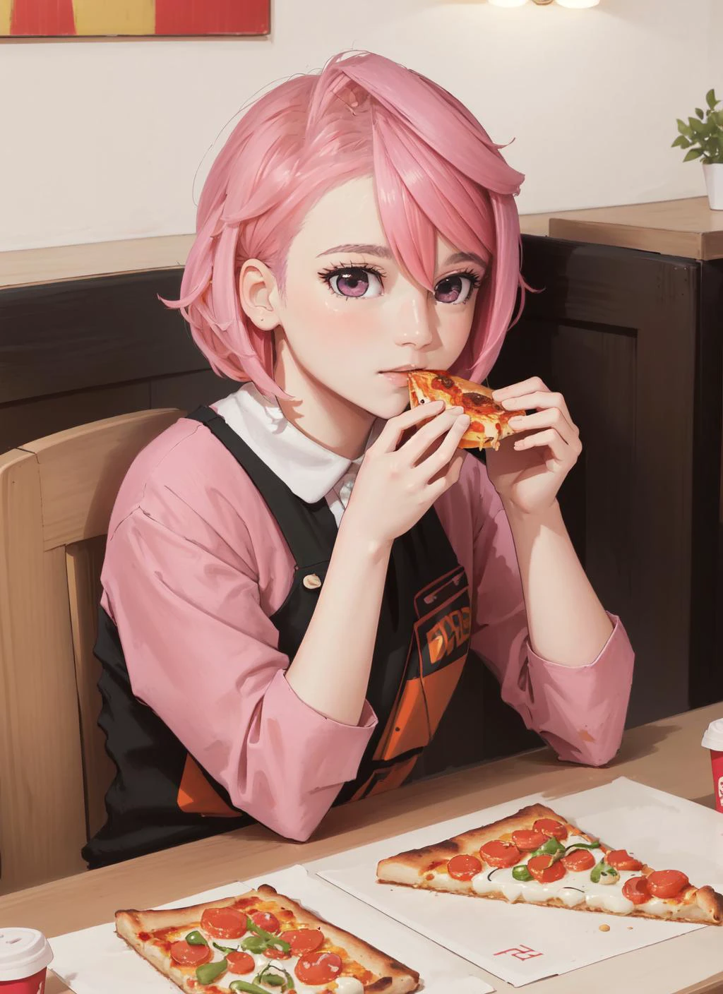 (masterpiece, best quality), intricate details,
1girl, <lora:airashiratori:0.8> aira_shiratori_(dandadan), pink hair,
fast food resturant, sitting at table, eating pizza,