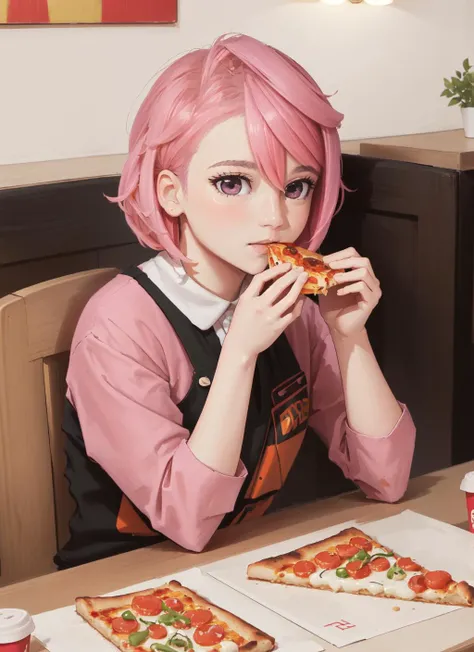 (masterpiece, best quality), intricate details,
1girl, <lora:airashiratori:0.8> aira_shiratori_(dandadan), pink hair,
fast food resturant, sitting at table, eating pizza,