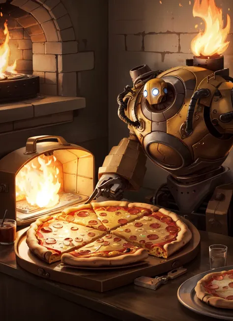 (masterpiece, best quality),  intricate details, 
 <lora:BlitzcrankV2:0.8> blitzcrank,  
inside pizza oven, fire, bricks, holding pizza box, pepperoni pizza,