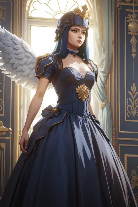 (masterpiece, best quality),  intricate details,
1girl,  <lora:Arcane-Caitlyn-v1.0:0.8> c41t,blue hair, 
 <lora:ValkGown:0.8>  walkure,(ballgown:1.3), ,wearing [armor|dress]_ballgown, wings, helmet,