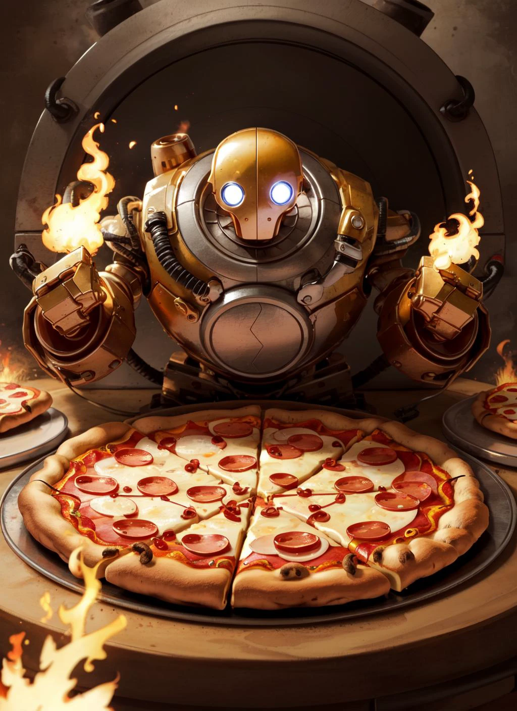 (masterpiece, best quality), intricate details,
<lora:BlitzcrankV2:0.8> blitzcrank,
inside pizza oven, fire, bricks, holding pizza box, pepperoni pizza,