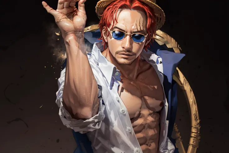 (masterpiece, best quality), intricate details,
1boy, man, red hair, straw hat, <lora:Shanks:0.8> Shnks, shanks \(one piece\), scar on face, short hair, shirt, white shirt, male focus, open clothes, collared shirt, pants, cape, coat, open shirt, facial hair, scar, sandals, pectorals, partially unbuttoned, pectoral cleavage, coat on shoulders, nature, scenery, upper body, straw hat,
BREAK cooking, inside, stove, food, pot of stew, <lora:saltbae:0.8> saltbae, sunglasses,