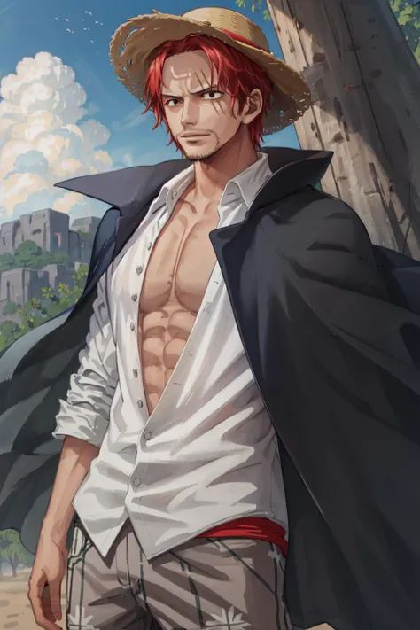 (masterpiece, best quality),  intricate details,
 1boy, man, red hair, straw hat, <lora:Shanks:0.8> Shnks, shanks \(one piece\),  scar on face, short hair, shirt,  white shirt, male focus, open clothes, collared shirt, pants, cape, coat, open shirt, facial hair, scar, sandals,  pectorals, partially unbuttoned, pectoral cleavage, coat on shoulders, nature, scenery, upper body, straw hat,