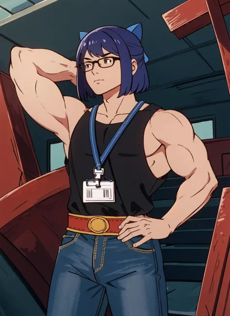 (masterpiece, best quality), intricate details,
1girl,
<lora:he-man_offset:0.8> he-man, <lora:aChanHololiveLogo_v2:0.8> a-chan, black shirt, logo, id card, jeans, muscular, biceps, triceps, wide shoulders,