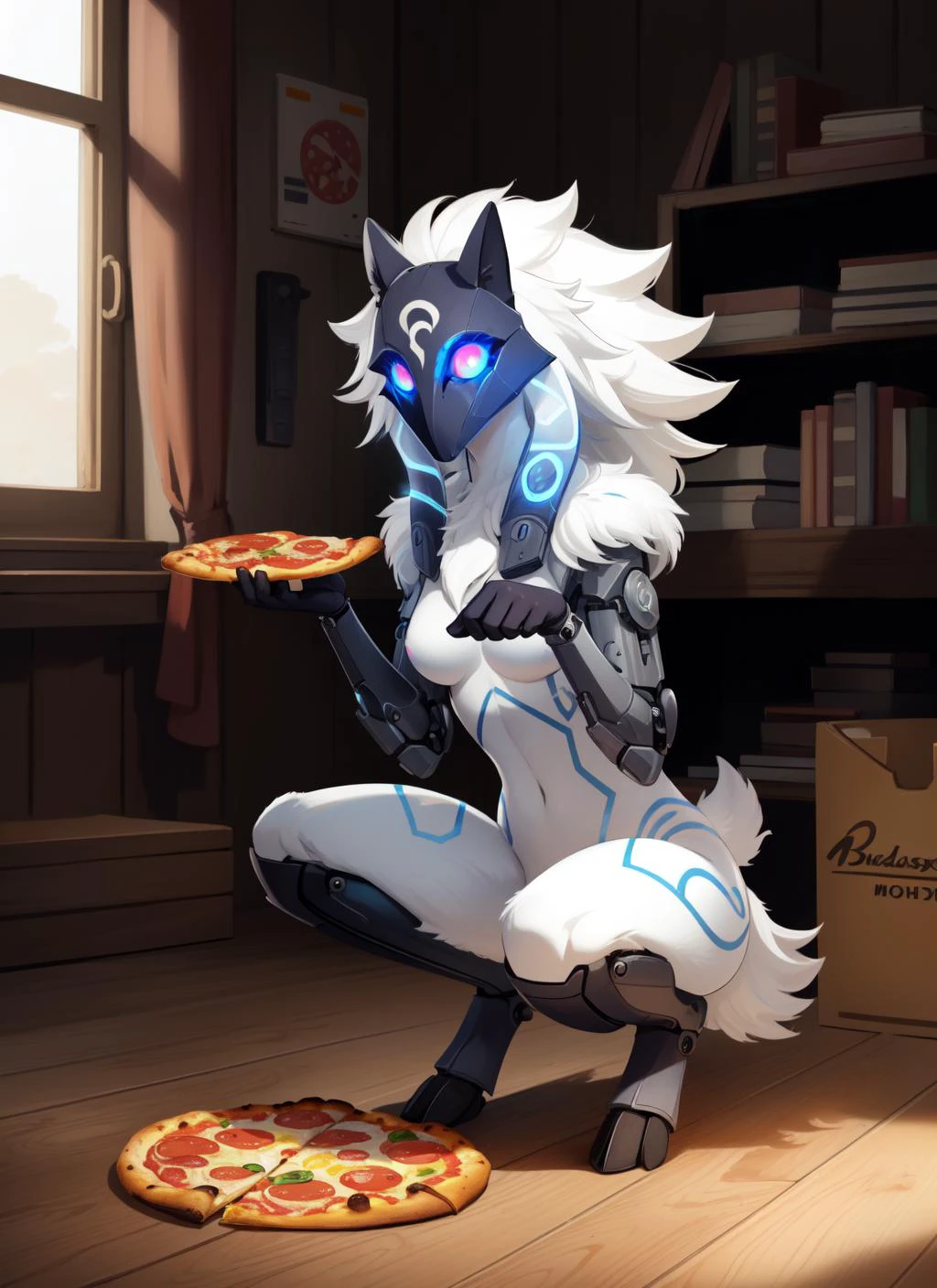 (masterpiece, best quality), intricate details,
<lora:eager_pet_pose_v1:0.8> eager pet pose,
1girl, <lora:Kindred:0.8> kindred, lamb, furry female, body fur, (white fur, white skin:1.3), chest tuft, digitigrade, white hair, long hair, black mask, (blue eyes, glowing eyes:1.4), hooves, small breasts
<lora:reelmech1v2:0.8> reelmech, mechanical arms, wires, pistons, cyborg, prosthesis, holding pizza, pepperoni pizza, pizza boxes, pizza hut, floor made out of pizza, white pubic fur,