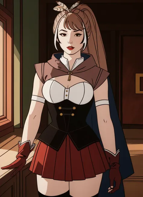 (masterpiece, best quality),  intricate details, 
1girl,    
 <lora:he-man_offset:0.8> he-man,  <lora:mumei:0.8> nanashi mumei, shirt, corset, cleavage cutout, red skirt, single thighhigh, cloak, ribbon, ponytail, very long hair, hairclip, feathers, knife, belt, partially fingerless gloves,