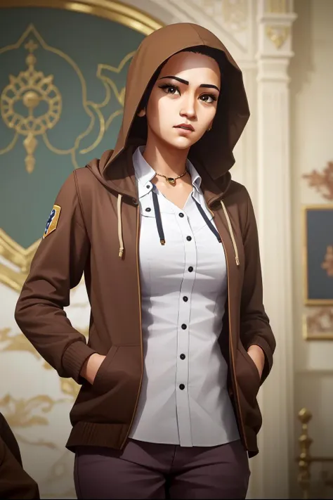 (masterpiece, best quality), intricate details,
1girl, <lora:Arcane-Caitlyn-v1.0:0.8> c41t, uniform, 1girl, casual clothing, brown jacket, hood,