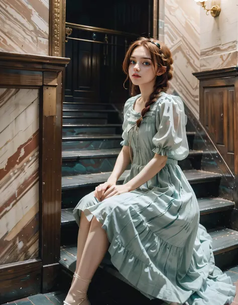 1 girl filmg in beautiful tulle turquoise dress, nice hands, perfect hands, braided red hair , knee-high heels, flowers, grand staircase, marbled wall palace <lora:Beautiful_Dress:0.6> <lora:GoodHands-beta2:1.1>, absurdres, highly detailed <lora:FilmG4:0.75> , <hypernet:sxzBloom_sxzBloom:1.0>