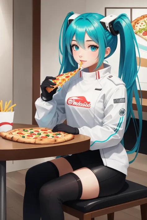(masterpiece, best quality), intricate details,
1girl, <lora:hatsunemiku1:0.8> mikurnd, racing2022,
fast food resturant, sitting at table, eating pizza,