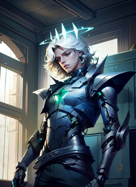 (masterpiece, best quality),  intricate details, 
 <lora:Viego_v1:0.8> King Viego, pale skin, king, green crown, wraith, white hair, 
 <lora:reelmech1v2:0.8> reelmech, mechanical arms, wires, pistons, cyborg, prosthesis,