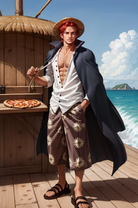 (masterpiece, best quality),  intricate details,
 1boy, man, red hair, straw hat, <lora:Shanks:0.8> Shnks, shanks \(one piece\),  scar on face, short hair, shirt,  white shirt, male focus, open clothes, collared shirt, pants, cape, coat, open shirt, facial hair, scar, sandals,  pectorals, partially unbuttoned, pectoral cleavage, coat on shoulders, nature, scenery, upper body, straw hat,
eating pizza, (pepperoni pizza:1.3), BREAK pirate ship, wooden deck,  ocean, ship mast, ship railing, ropes, sails,