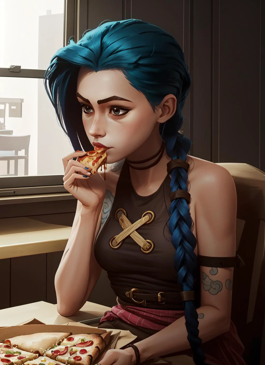 (masterpiece, best quality), intricate details,
1girl, <lora:Arcane-Jinx-V2:0.8> J1nxl0l, 1girl,
fast food resturant, sitting at table, eating pizza,