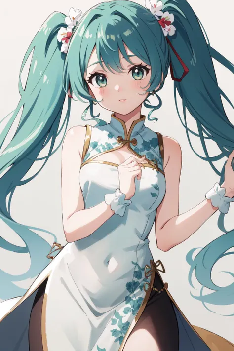 (masterpiece, best quality),  intricate details,
1girl,    <lora:hatsunemiku1:0.8> green hair,   <lora:china_heart:0.8> china dress with heart cutout,