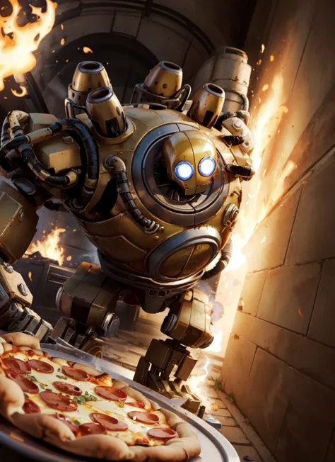 (masterpiece, best quality),  intricate details, 
 <lora:BlitzcrankV2:0.8> blitzcrank,  
smashing through wall, holding pizza box, pepperoni pizza,