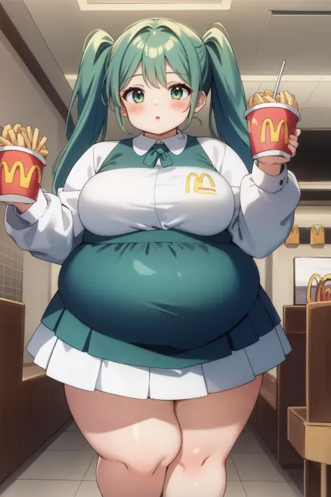 (masterpiece, best quality),  intricate details,
1girl,    <lora:hatsunemiku1:0.8> green hair,    chubby, obese, mcdonalds,