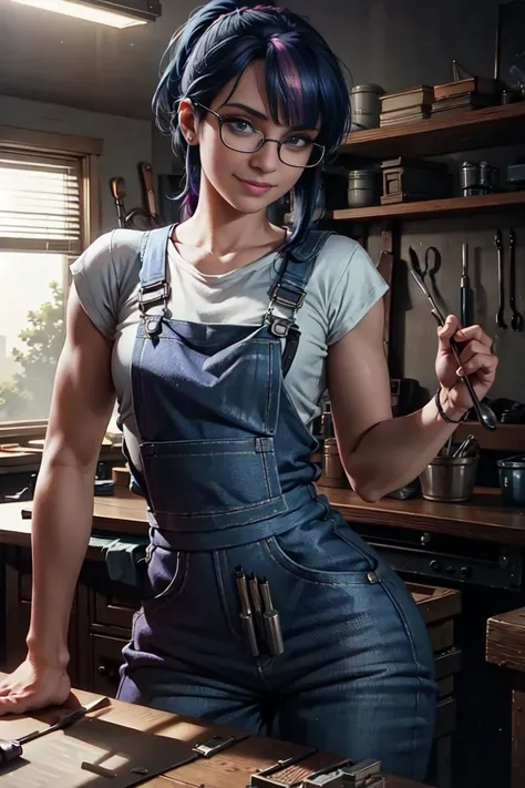 Masterpiece, Ultra-detailed Realistic TwilightHuman, 1girl, Solo, Insane Detail, 8k Resolution,
long blue hair, purple eyes, glasses, blunt bangs, Ponytail hair style, Hair pulled back,
Detailed realistic face, looking at viewer, smile, leaning over Workbench,
Overalls, Shirt, toolbelt,
Workshop, tools, Workbench,
Dynamic Lighting, Cinematic Lighting,
<lora:TwilightHuman:1>