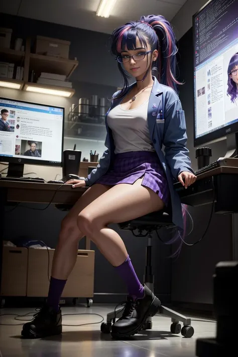 Masterpiece, Ultra-detailed 3d Render of Realistic TwilightHuman, 1girl, Solo, 8k Resolution, Science Fiction, Cyberpunk,
long blue hair, hair pulled back, Pony-tail hair style, purple eyes, {glasses}, blunt bangs, {Lavender skin}, Smiling, Facing viewer, Looking at Viewer,
{Lab Coat}, Shirt, Knee-length Skirt, Stockings, Shoes,
Leaning over a computer,
Cyberpunk Laboratory, Computers, Technology, Monitors, Machines,
Dynamic Lighting, Cinematic Lighting,
<lora:TwilightHuman:1>