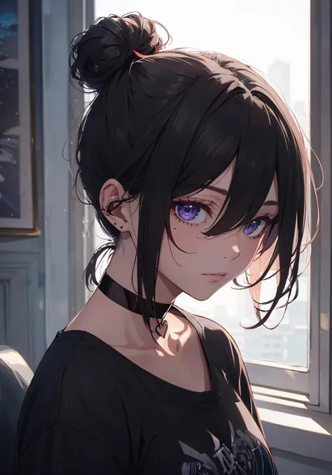 ((masterpiece)), ((ultra-detailed)), pixiv, best shadows, best lighting, best quality, absurdres, highres, cinematic shot, rim lightning, , dark lightning, 1girl, solo, black hair, choker, black choker, looking at viewer, hair bun, medium hair, single hair bun, shirt, mole under mouth, purple background, upper body, hair between eyes, mole
