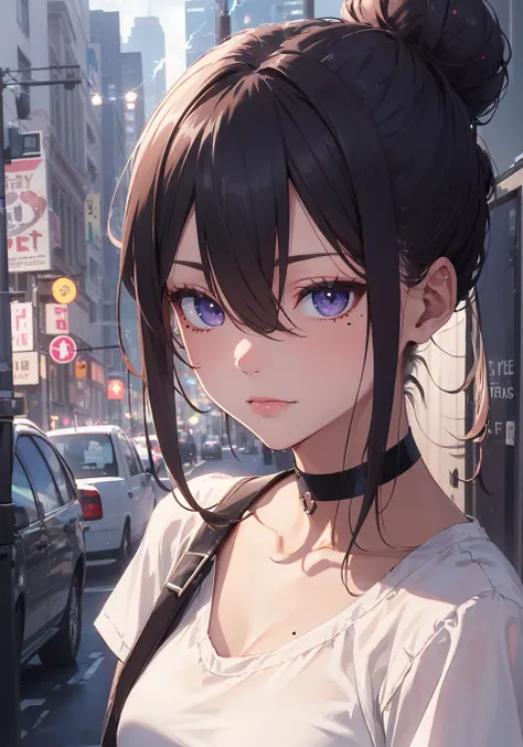 ((masterpiece)), ((ultra-detailed)), pixiv, best shadows, best lighting, best quality, absurdres, highres, cinematic shot, rim lightning, , dark lightning, 1girl, solo, black hair, choker, black choker, looking at viewer, hair bun, medium hair, single hair bun, shirt, mole under mouth, purple background, upper body, hair between eyes, mole