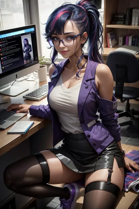 Masterpiece, Ultra-detailed 3d Render of Realistic TwilightHuman, 1girl, Solo, 8k Resolution, Science Fiction, Cyberpunk,
long blue hair, hair pulled back, Pony-tail hair style, purple eyes, {glasses}, blunt bangs, {Lavender skin}, Smiling, Facing viewer, Looking at Viewer,
{Lab Coat}, Shirt, Knee-length Skirt, Stockings, Shoes,
Leaning over a computer,
Cyberpunk Laboratory, Computers, Technology, Monitors, Machines,
Dynamic Lighting, Cinematic Lighting,
<lora:TwilightHuman:1>