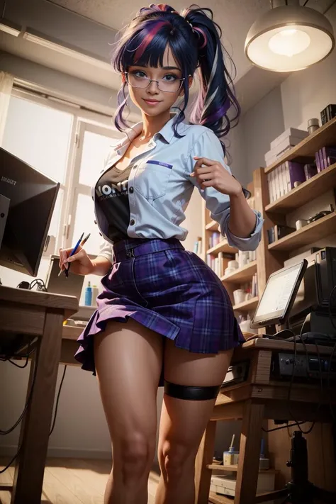 Masterpiece, Ultra-detailed 3d Render of Realistic TwilightHuman, 1girl, Solo, 8k Resolution,
long blue hair, hair pulled back, Pony-tail hair style, purple eyes, {glasses}, blunt bangs, {Lavender skin}, Smiling, Facing viewer, Looking at Viewer,
{Lab Coat}, Shirt, Skirt, Stockings, Shoes,
Mad Science Laboratory, Technology, Monitors, Computers, Machines,
Dynamic Lighting, Cinematic Lighting,
<lora:TwilightHuman:1>