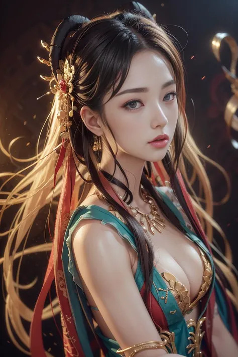 (realistic, photo-realistic:1.4), (extremely detailed CG unity 8k wallpaper), best quality, masterpiece, ultra-detailed, 1girl, ulzzang, eyelashes, messy_long_hair, colorful, dynamic angle, medium breasts, beautiful and aesthetic, upper_body, looking at viewer, dunhuang_style, closeup, <lora:dunhuang_v20:0.8>, <lora:koreanDollLikeness_v20:0.7>, ulzzang-6500-v1.1
