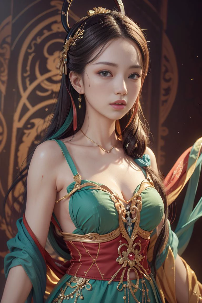 (realistic, photo-realistic:1.4), (extremely detailed CG unity 8k wallpaper), best quality, masterpiece, ultra-detailed, 1girl, ulzzang, eyelashes, messy_long_hair, colorful, dynamic angle, medium breasts, beautiful and aesthetic, upper_body, looking at viewer, dunhuang_style, closeup, <lora:dunhuang_v20:0.8>, <lora:koreanDollLikeness_v20:0.7>, ulzzang-6500-v1.1