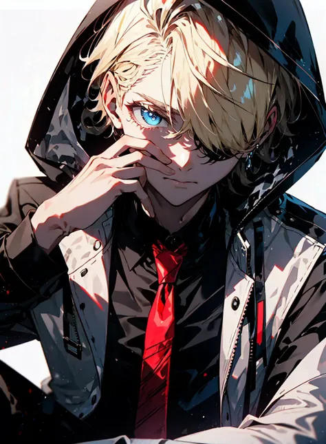 <lora:sunAndShadow_v10:0.6> <lora:beautifulDetailedEyes_v10:1> colorful, ((masterpiece)), ((sitting on car)), ((ultra-detailed)), pixiv, best shadows, best lighting, best quality, cinematic shot, rim lightning, 1boy, blonde hair, hood, necktie, male focus, solo, red necktie, blue eyes, hood up, white background, hair over one eye, shirt, white shirt, simple background, upper body, collared shirt, jacket, looking at viewer, short hair, vest, hooded jacket, black jacket, hoodie, closed mouth, one eye covered