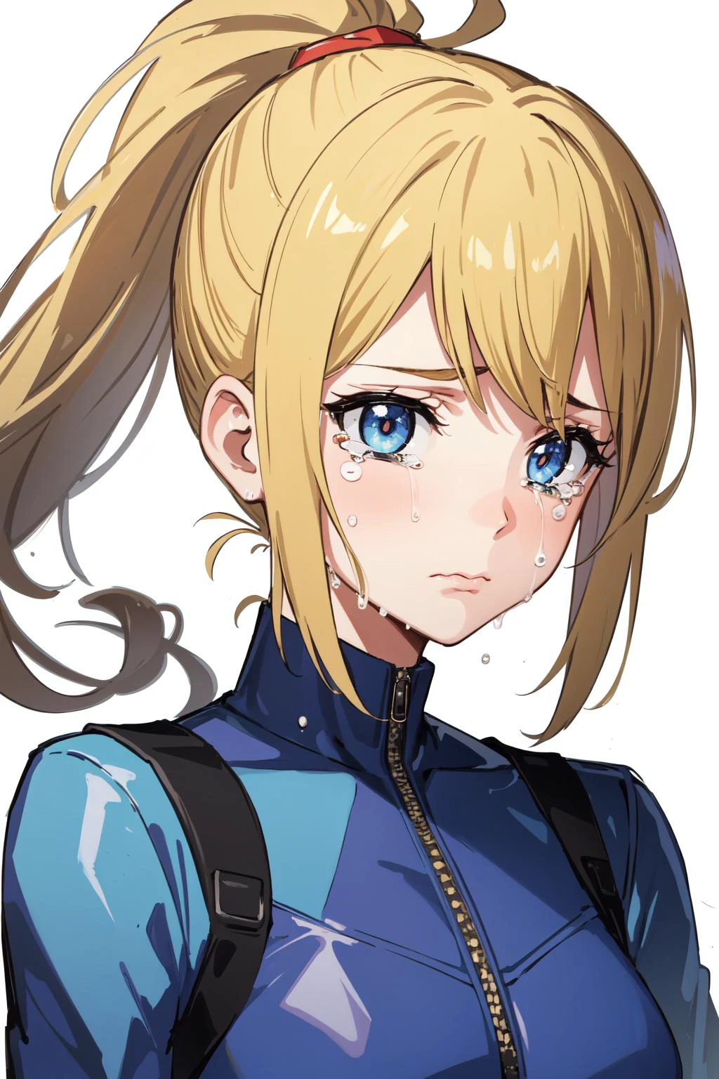 (masterpiece, best quality), intricate details,
1girl, <lora:samus-nvwls-v1:0.8> samus aran, ponytail, hair tie,
<lora:TAT3:4=1> TAT, wavy mouth, frown, 1girl, crying with eyes open, crying, tearing up, tears, sad, portrait, upper body, white background,,