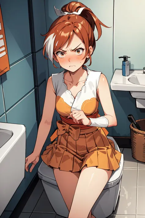 (masterpiece, best quality),  intricate details,
1girl,   
 <lora:Crunchyroll Hime:0.8> Crunchyroll Hime, 
 <lora:hohoaka:1.2> <lora:shihaku-eye:0.8> bathroom, sitting on toilet, embarrassed, angry, glaring at viewer, surprised,